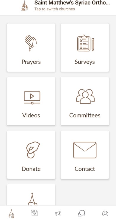 FaithSync app showing St. Matthew's parish home screen with Prayers, Videos, Donate and other features