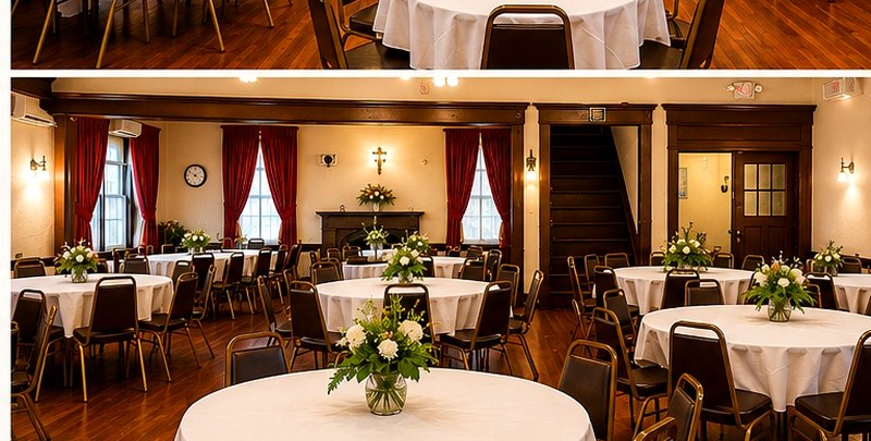 St. Matthew's Church Hall — reception layout with round tables and floral centerpieces