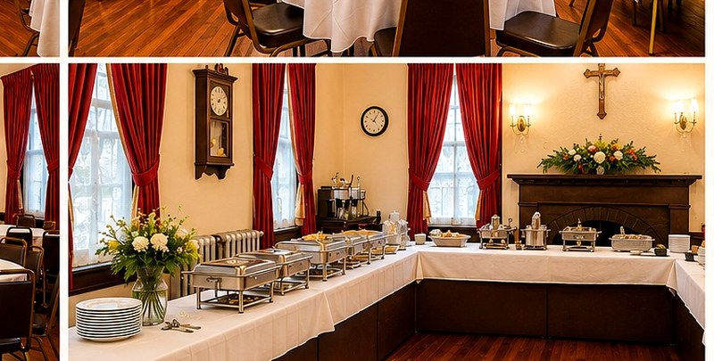 St. Matthew's Church Hall — buffet setup with chafing dishes, serving table and flower arrangements