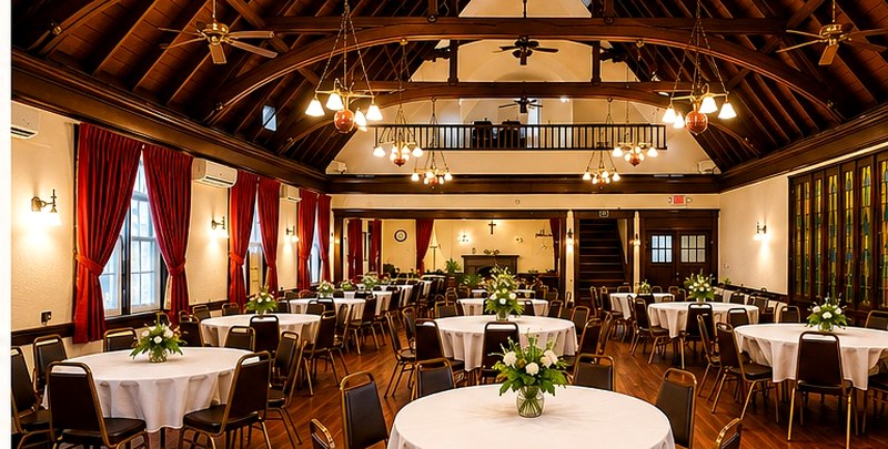 St. Matthew's Church Hall — full room view with round tables, white linens, chandeliers and vaulted wood ceiling