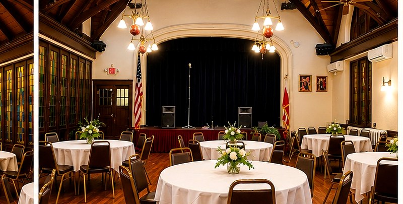 St. Matthew's Church Hall — stage area with podium, stained glass backdrop and seating